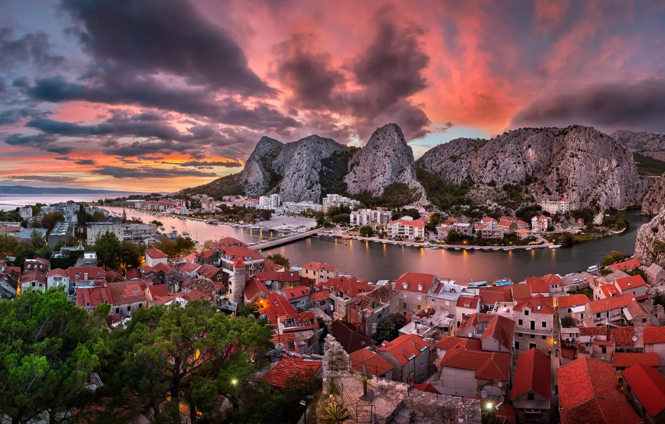 Фото обои закат, горы, здания, панорама, Хорватия, Croatia, Адриатическое море, Adriatic Sea