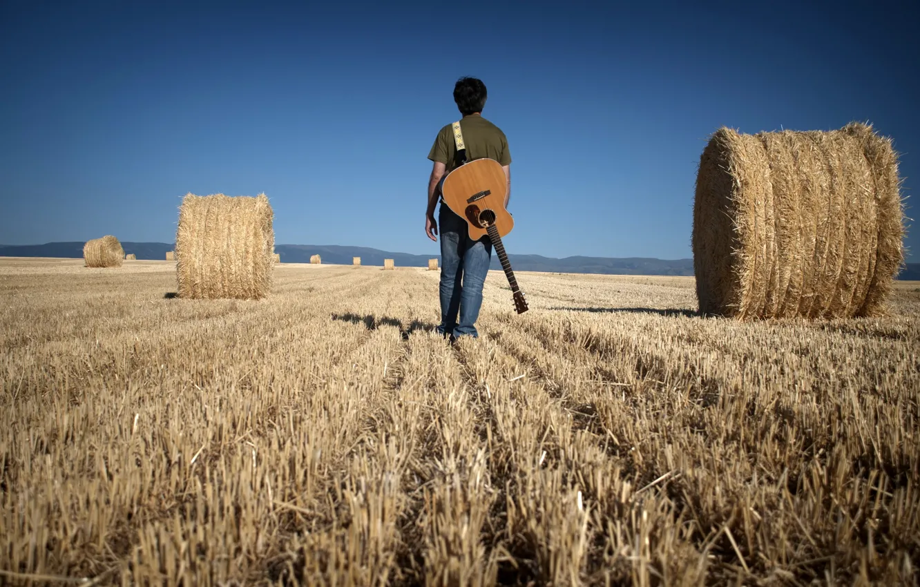 Фото обои поле, музыка, человек, гитара