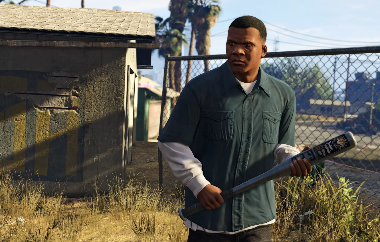 Фото обои оружие, бита, франклин, Grand Theft Auto V, лос сантос