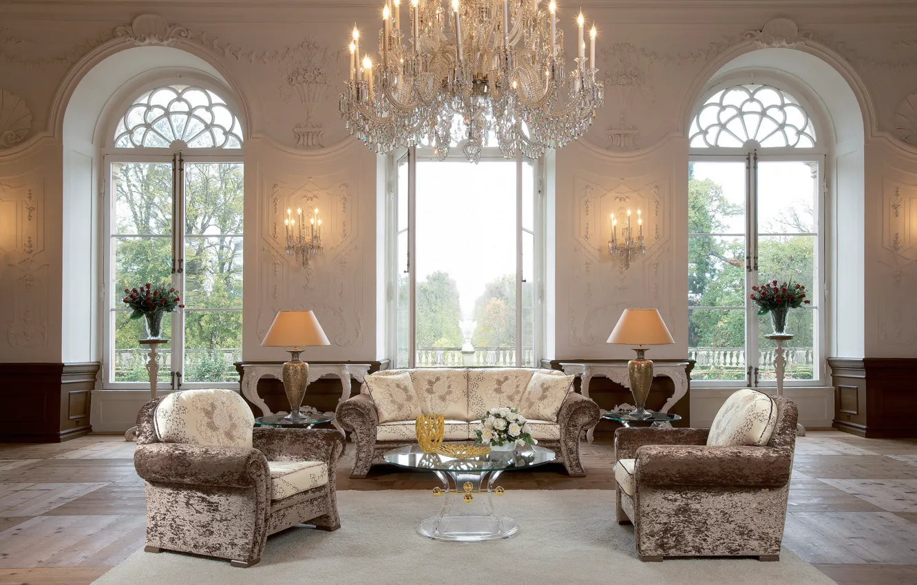 Фото обои дизайн, стиль, диван, мебель, лампа, розы, интерьер, кресла