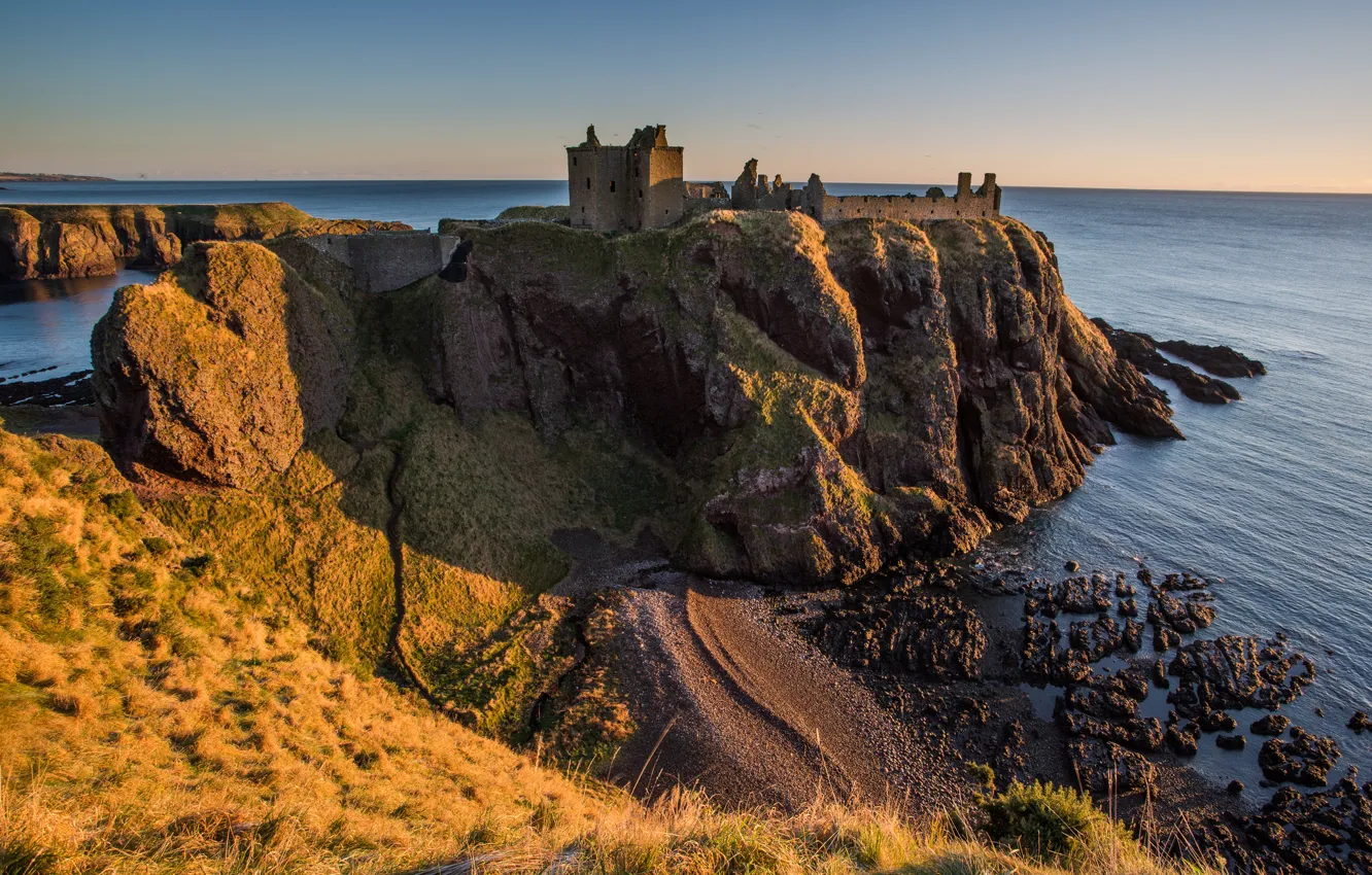 Фото обои море, небо, закат, скалы, башня, крепость