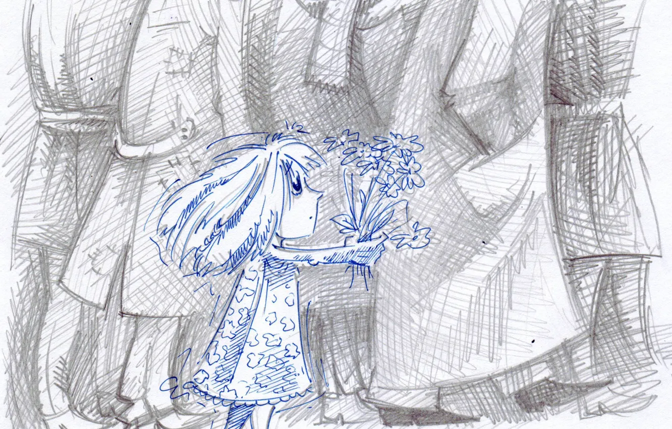 Фото обои рисунок, ребенок, букет, девочка, взрослые