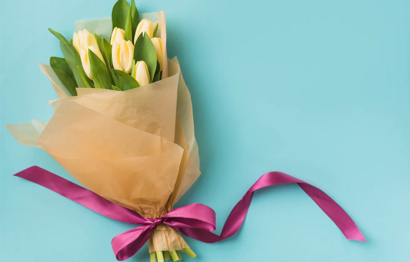 Фото обои цветы, букет, лента, тюльпаны, yellow, flowers, romantic, tulips