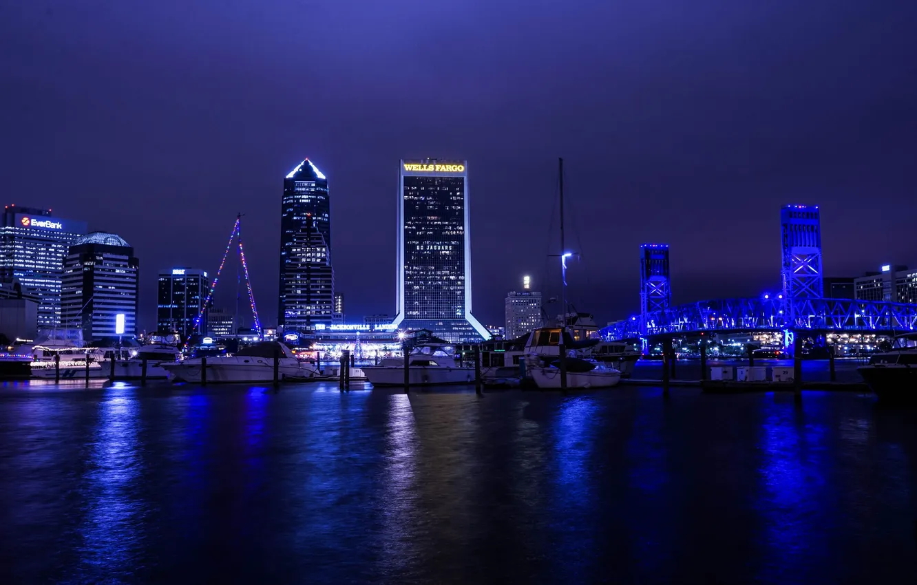 Фото обои bridge, river, navy sky, ночь, темно-синее, night, skyline, Florida