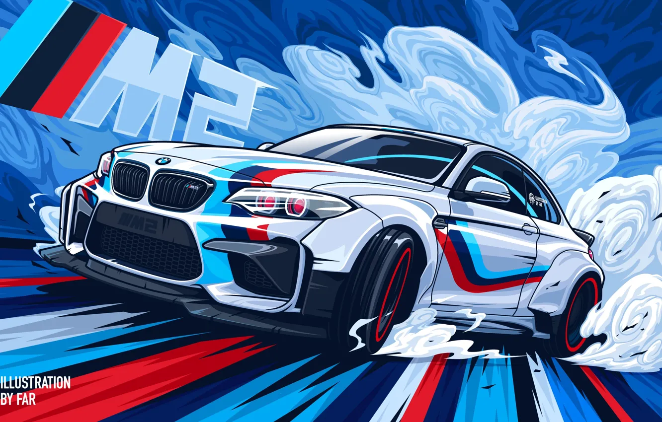 Фото обои car, colorful, BMW, drift, smoke, digital art, artwork, vehicle