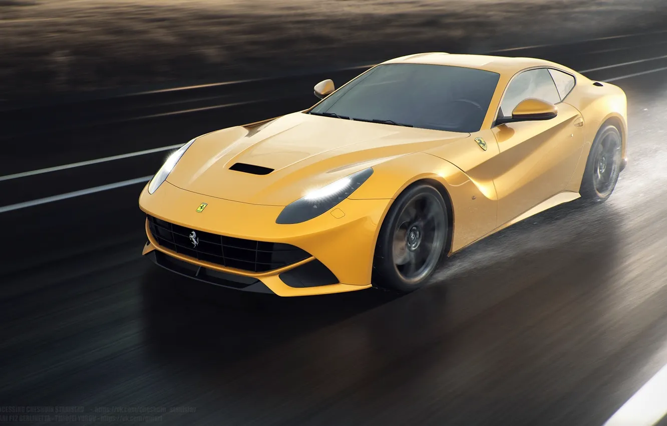 Фото обои Ferrari, Speed, Front, Sun, Rain, Yellow, Road, Berlinetta