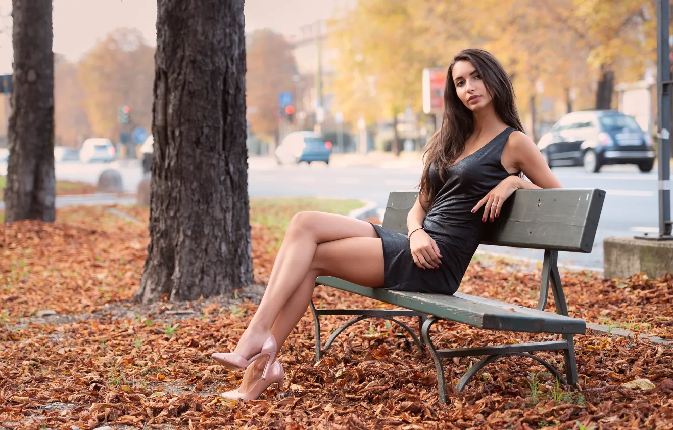 Фото обои туфельки, секси, листва, модель, волосы, красотка, Nicole, скамья