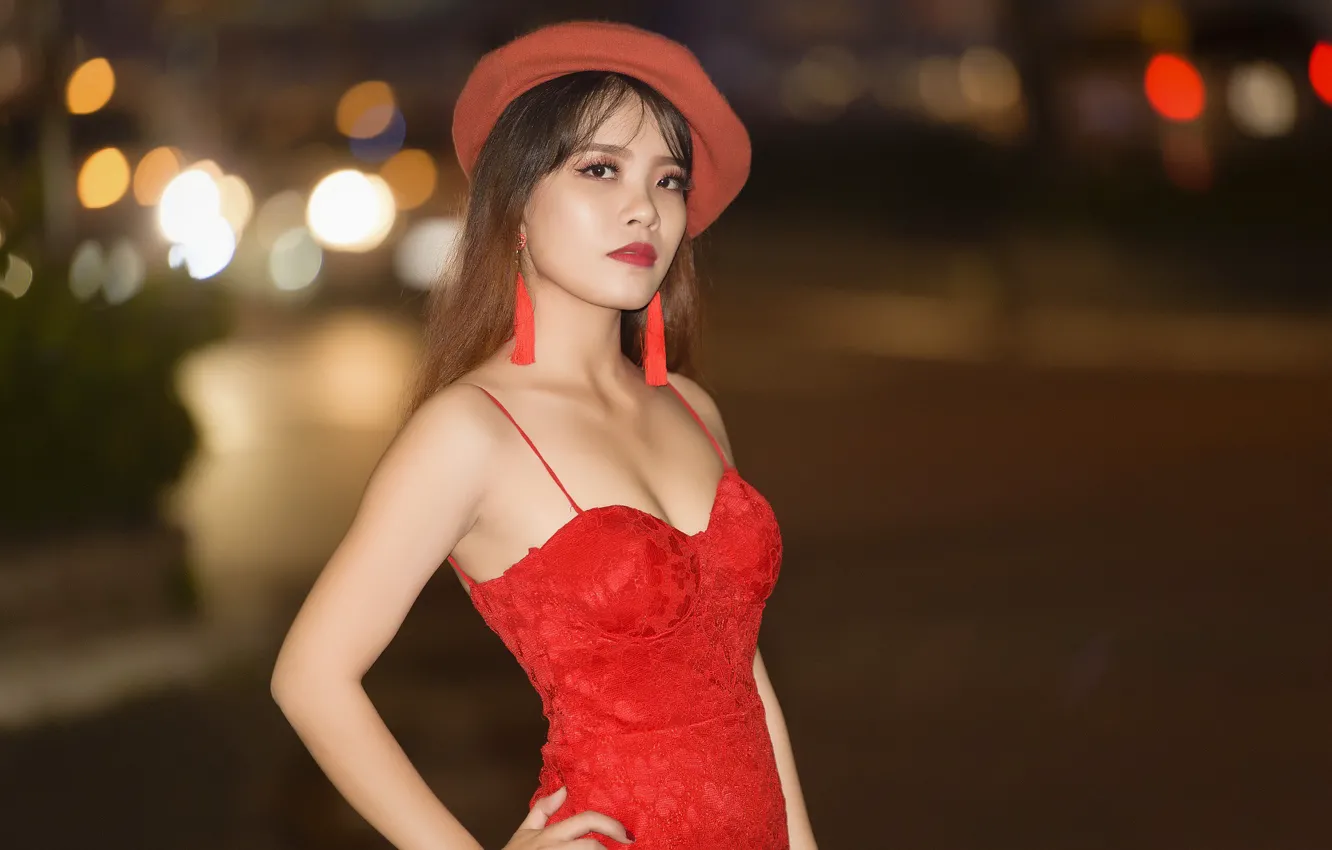 Фото обои взгляд, поза, шляпка, азиатка, красное платье, красивая девушка, размытый фон