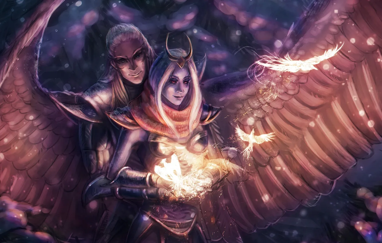 Фото обои девушка, любовь, крылья, арт, пара, парень, Dota 2, Vengeful Spirit