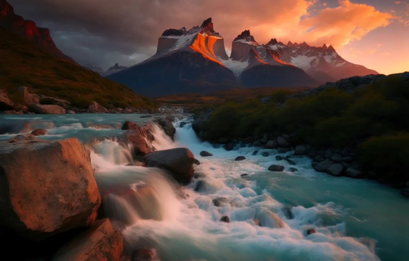 Фото обои пейзаж, горы, природа, рендеринг, берег, водопад, арт, водоем