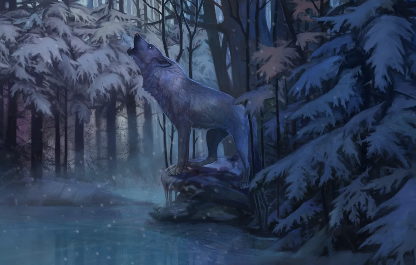 Фото обои холод, зима, одиночество, волк, лёд, хищник, сумерки, art