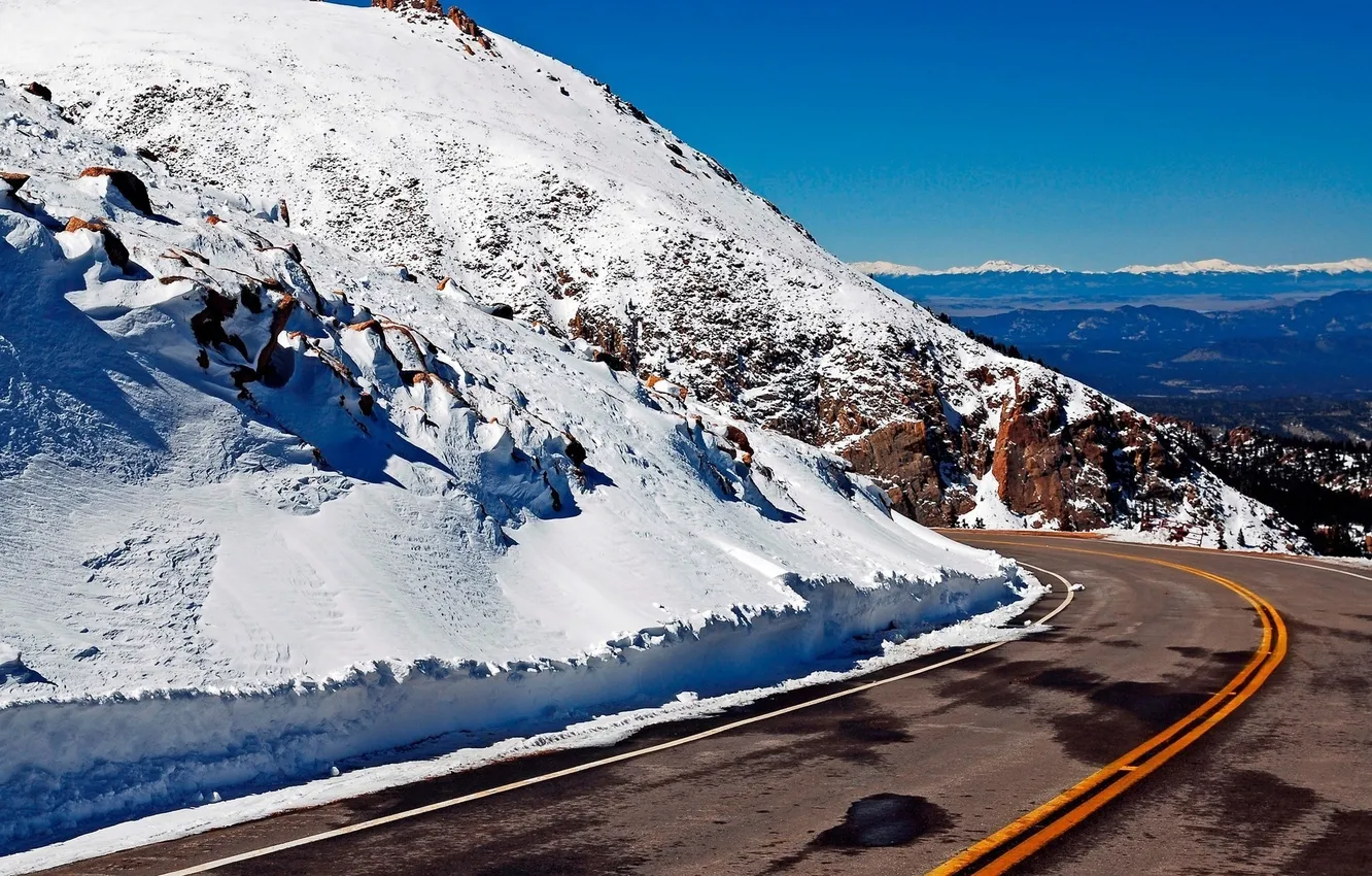 Фото обои асфальт, снег, горы, желтые, линии фото, поворот картинки, дорога обои
