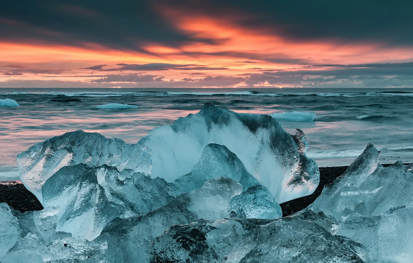 Фото обои море, пейзаж, закат, лёд