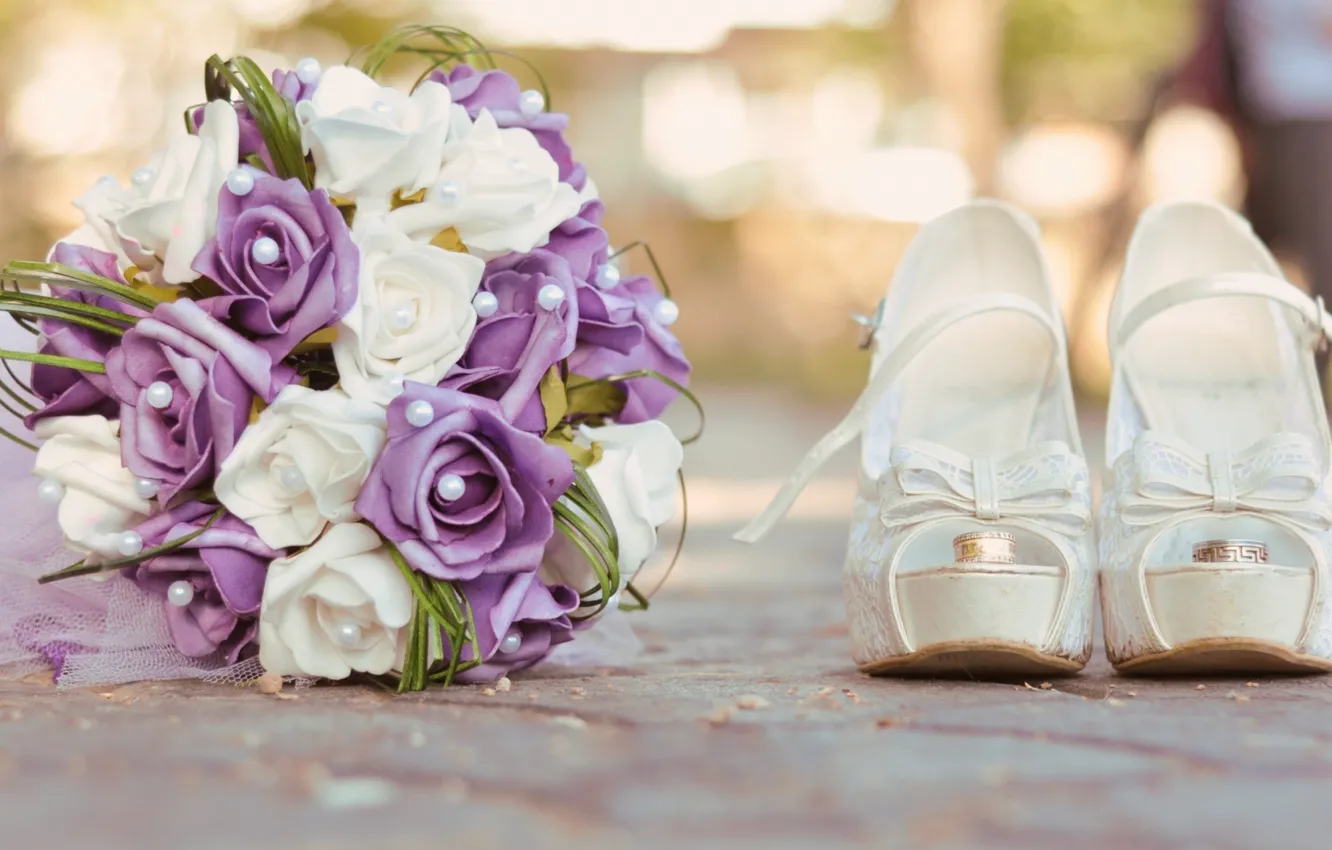 Фото обои Цветы, букет, кольца, туфли, свадьба