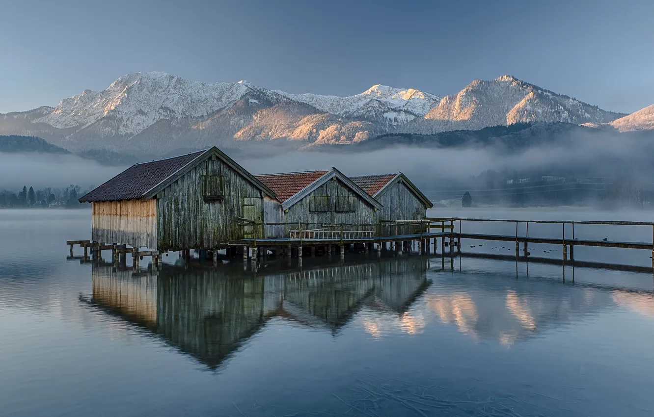 Фото обои небо, горы, озеро, утро, Германия, Бавария, лодочные домики