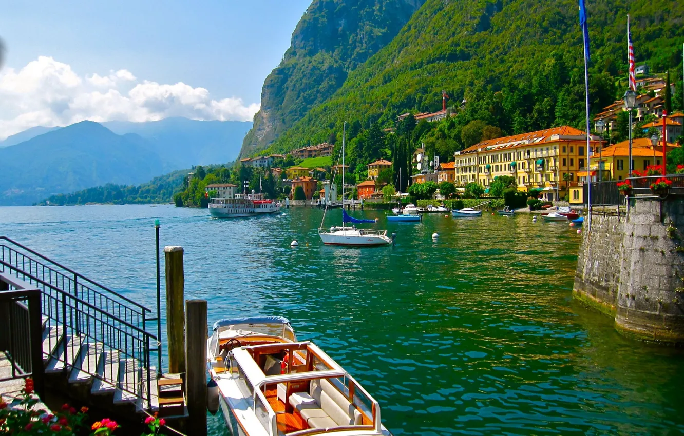 Фото обои лес, горы, природа, озеро, дома, яхта, катер, Италия