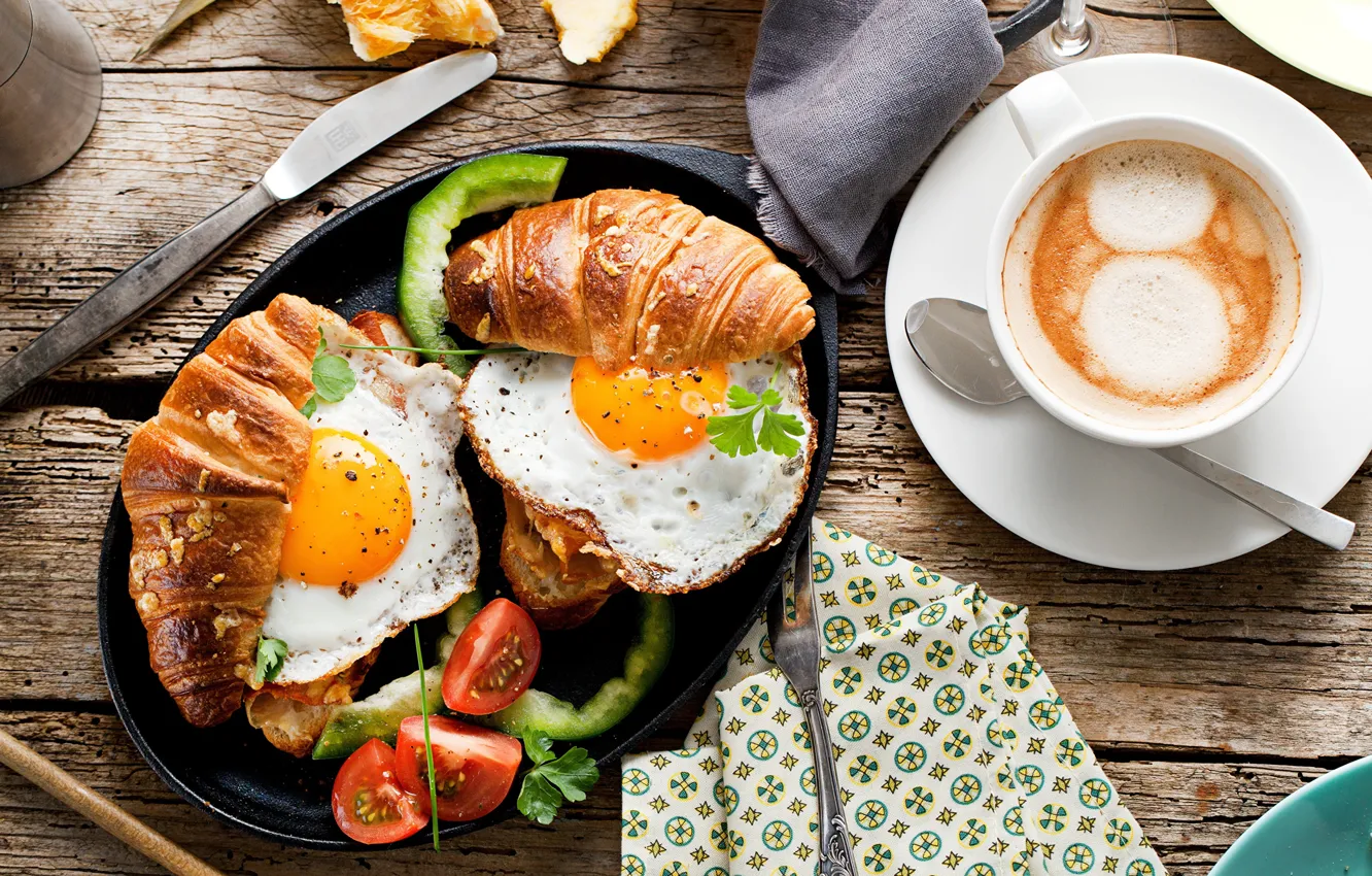 Фото обои яйцо, кофе, бутерброд, круассан