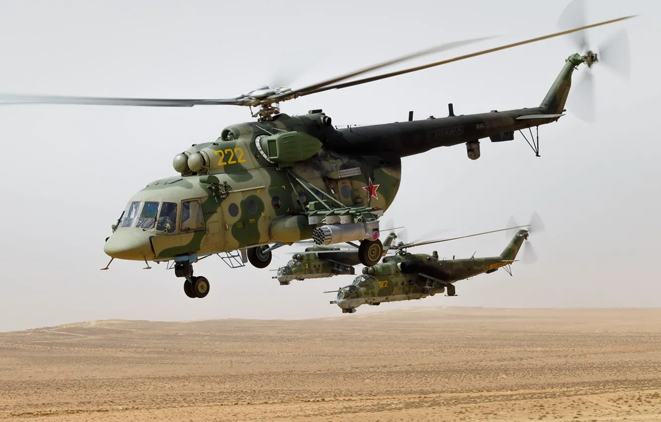 Фото обои пустыня, полёт, вертолёты, Ми-8АМТШ, Ми-24П