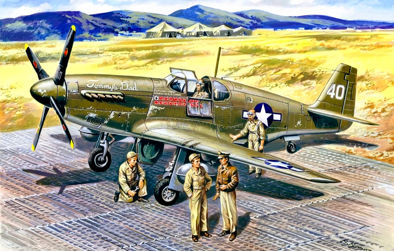 Фото обои Mustang, аэродром, лётчик, USAF, P-51B, авиатехники, ''Tommy's Dad'', 74-я истребительная эскадрилья