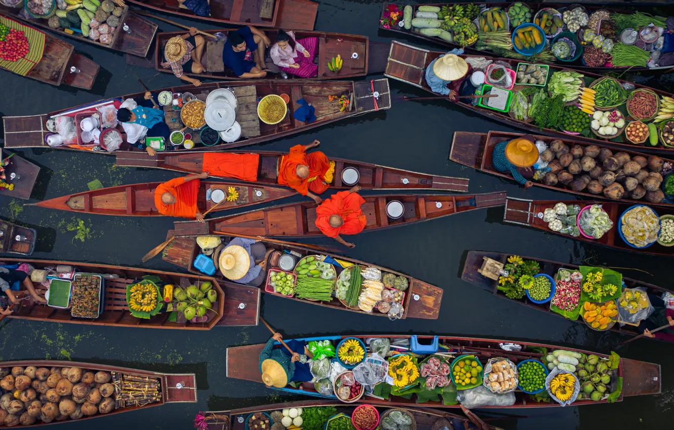 Фото обои река, лодки, Таиланд, фрукты, овощи, базар, Tha Kha