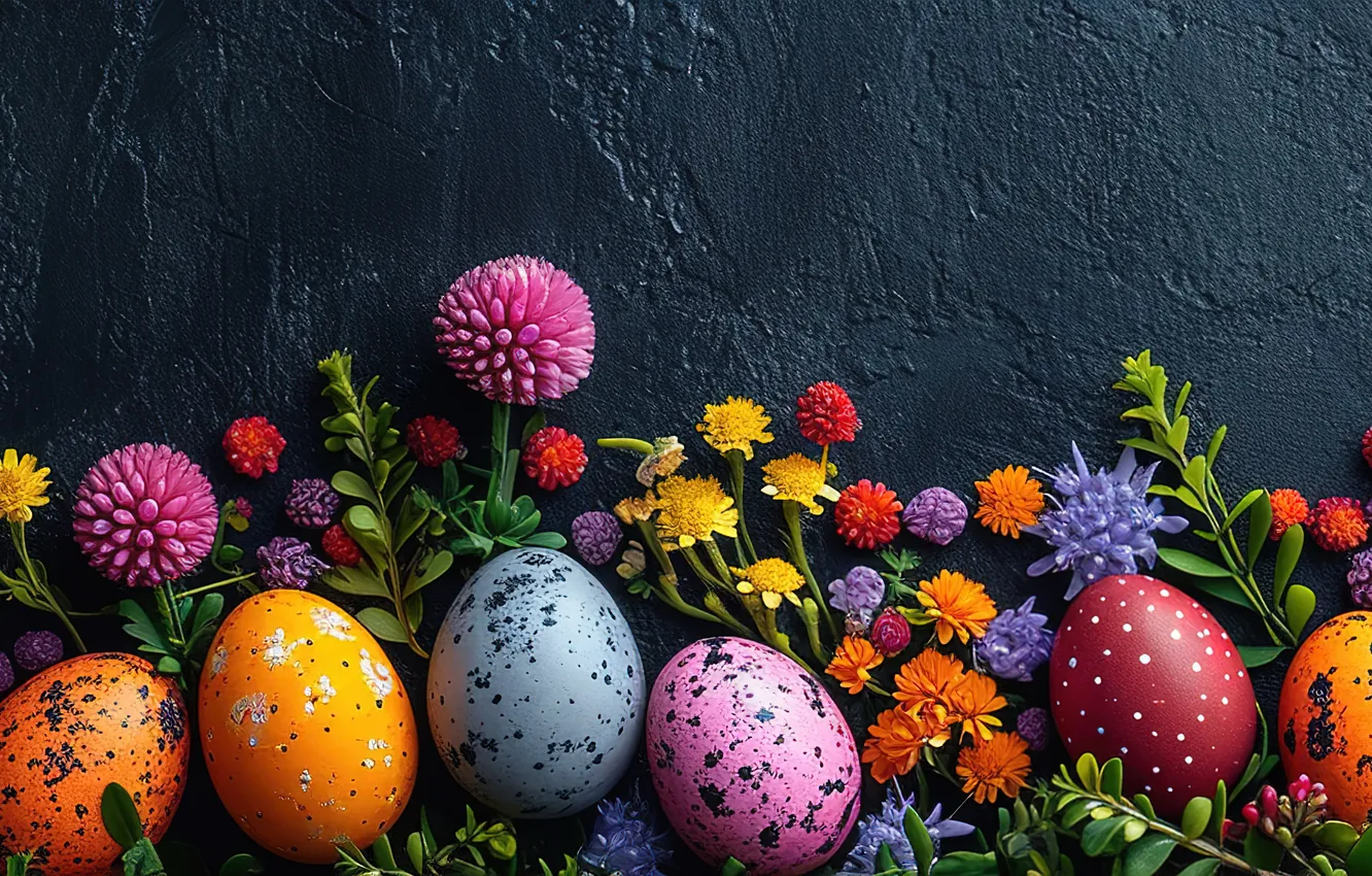 Фото обои цветы, яйца, весна, colorful, Пасха, happy, flowers, spring