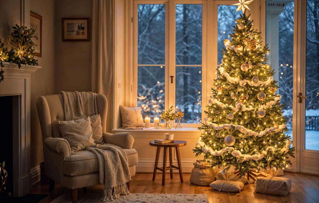 Фото обои украшения, комната, елка, интерьер, Рождество, подарки, Новый год, Christmas