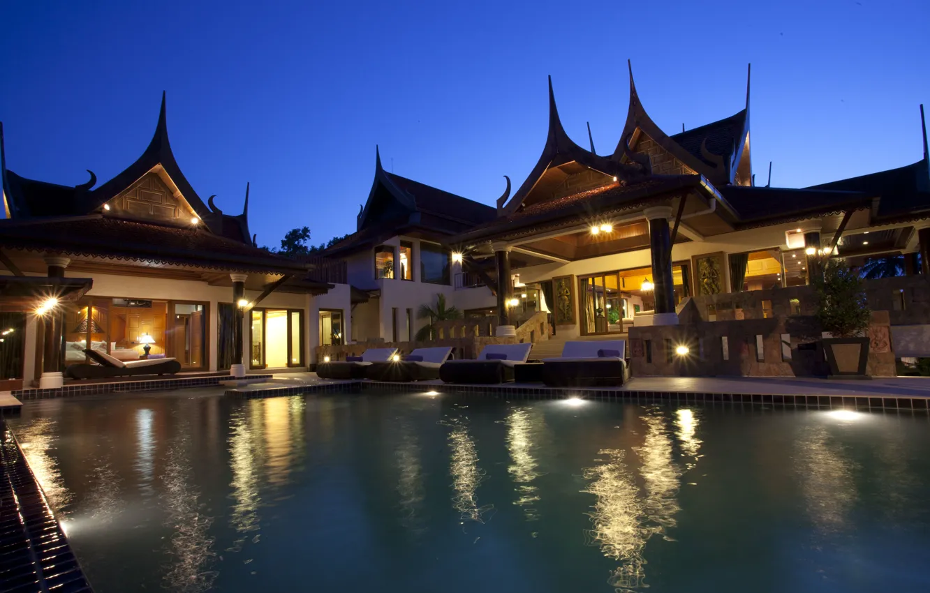 Фото обои вилла, вечер, бассейн, Таиланд, архитектура, курорт