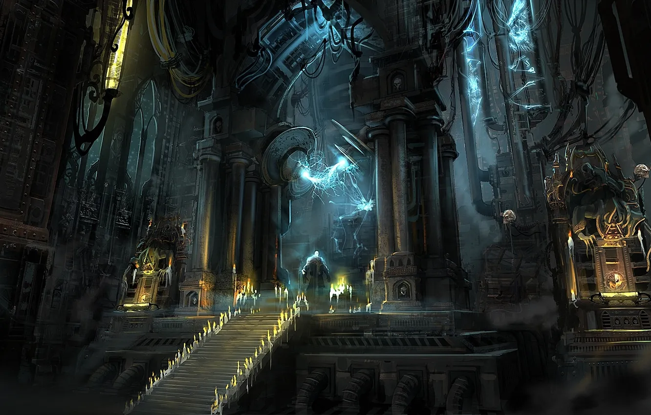 Фото обои замок, человек, сооружение, свечи, портал, арт, электричество, колонны