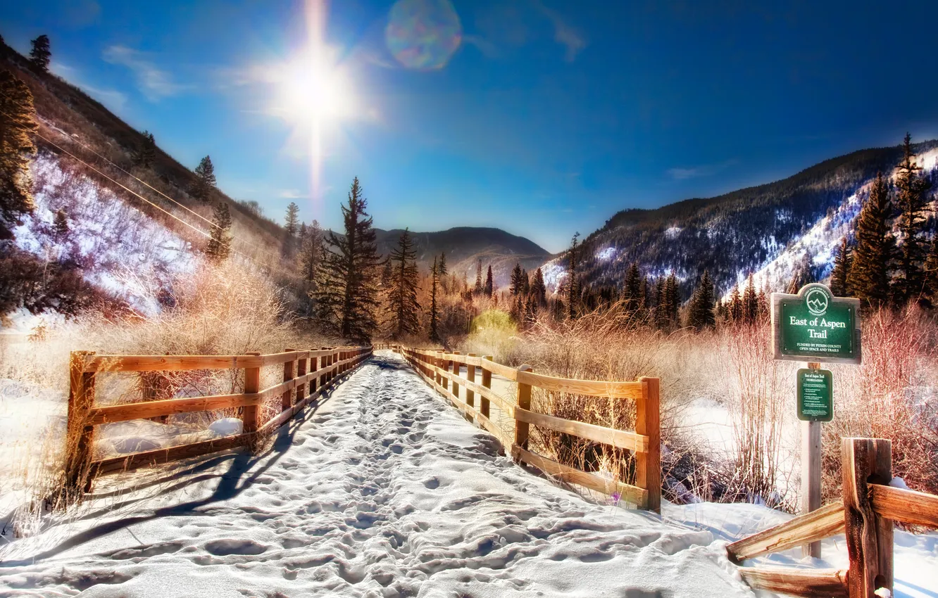 Фото обои зима, солнце, снег, горы, природа, дорожка, Аспен