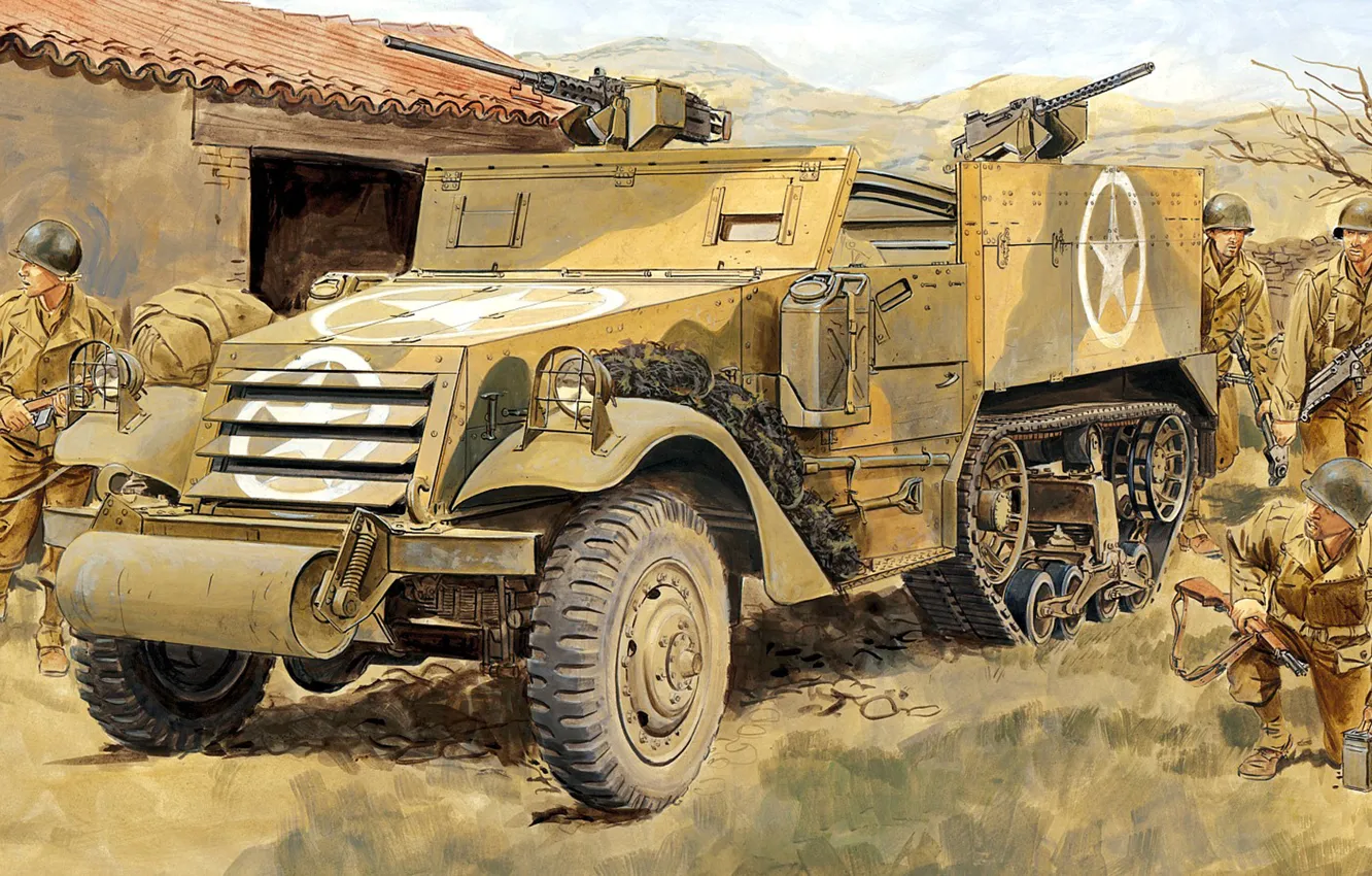 Фото обои рисунок, солдаты, Half Track, M2A1, полугусеничный бронетранспортёр США, Personnel Carrier
