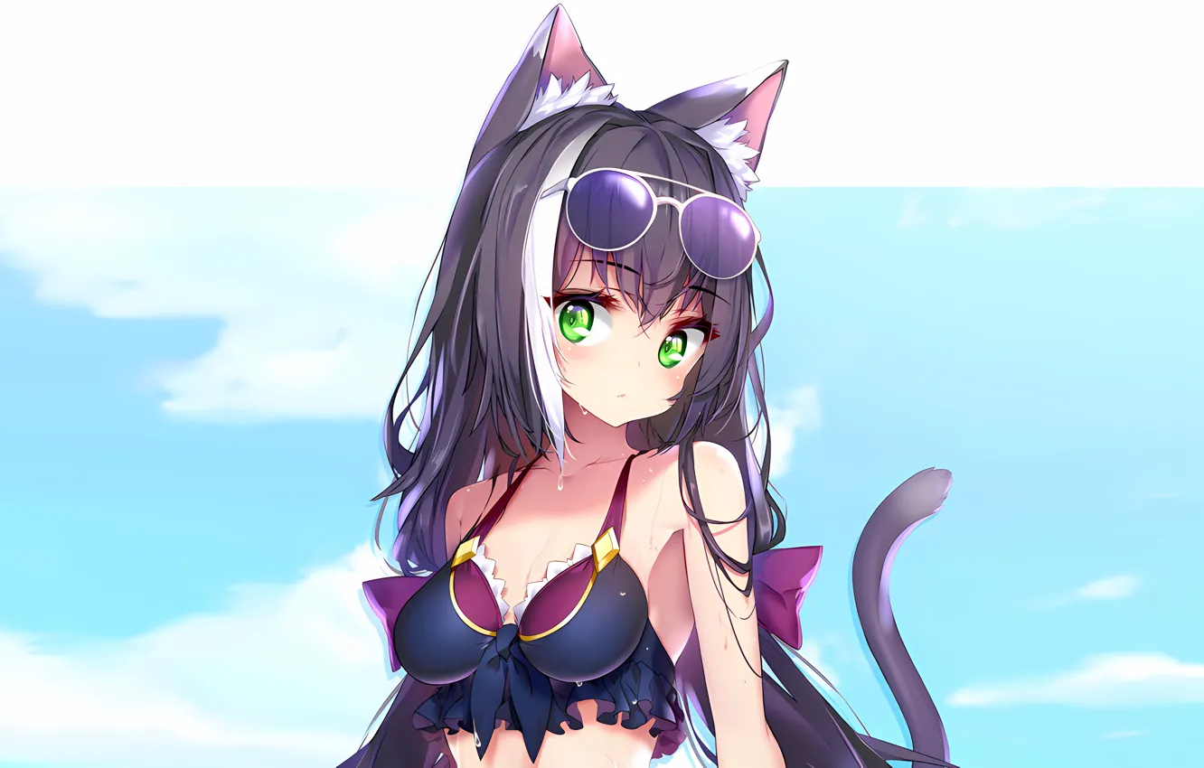 Фото обои girl, sexy, wet, cleavage, green eyes, long hair, boobs, animal ears