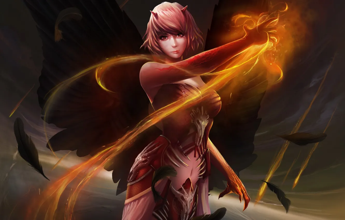 Фото обои девушка, огонь, магия, крылья, арт, демоница