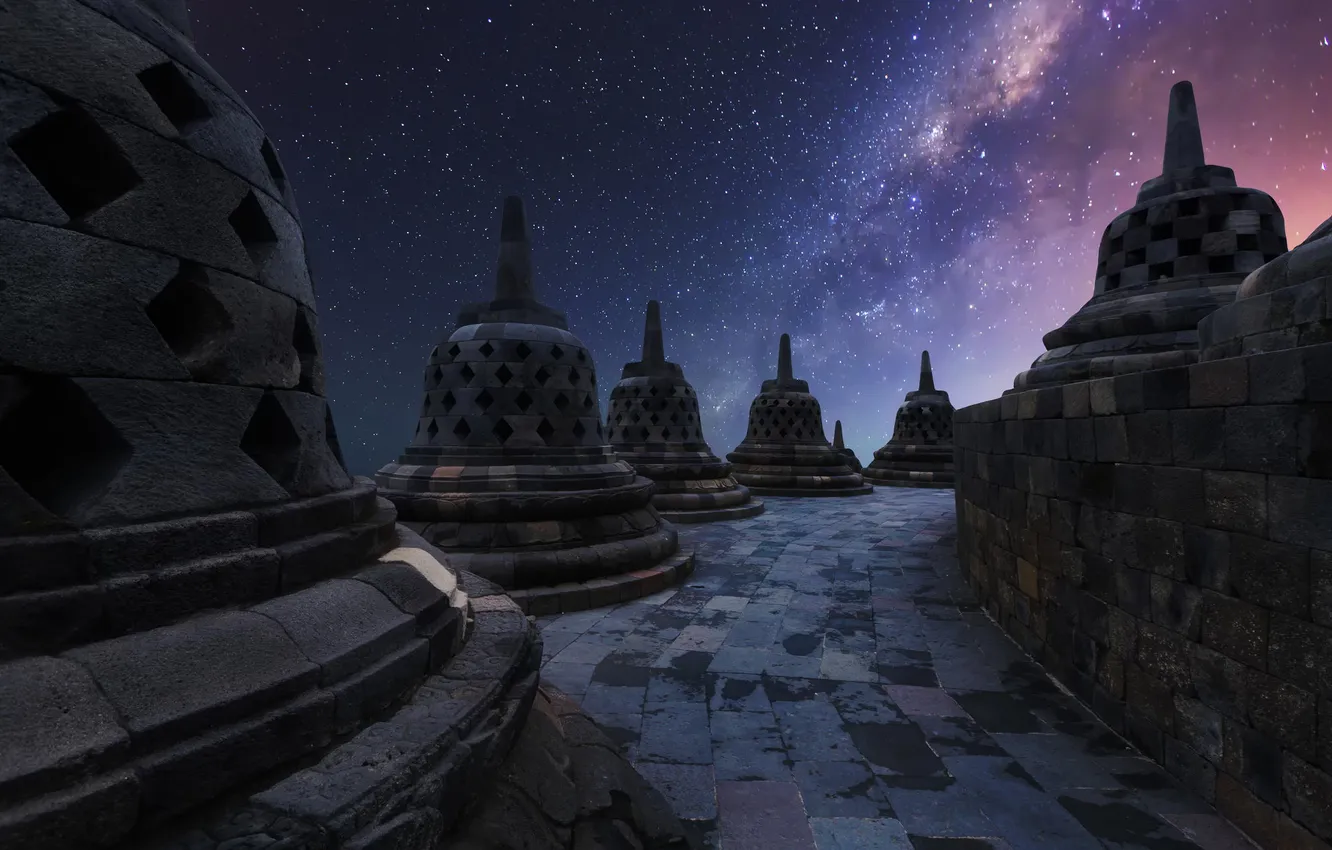 Фото обои небо, звезды, ночь, Индонезия, храм, Ява, Боробудур