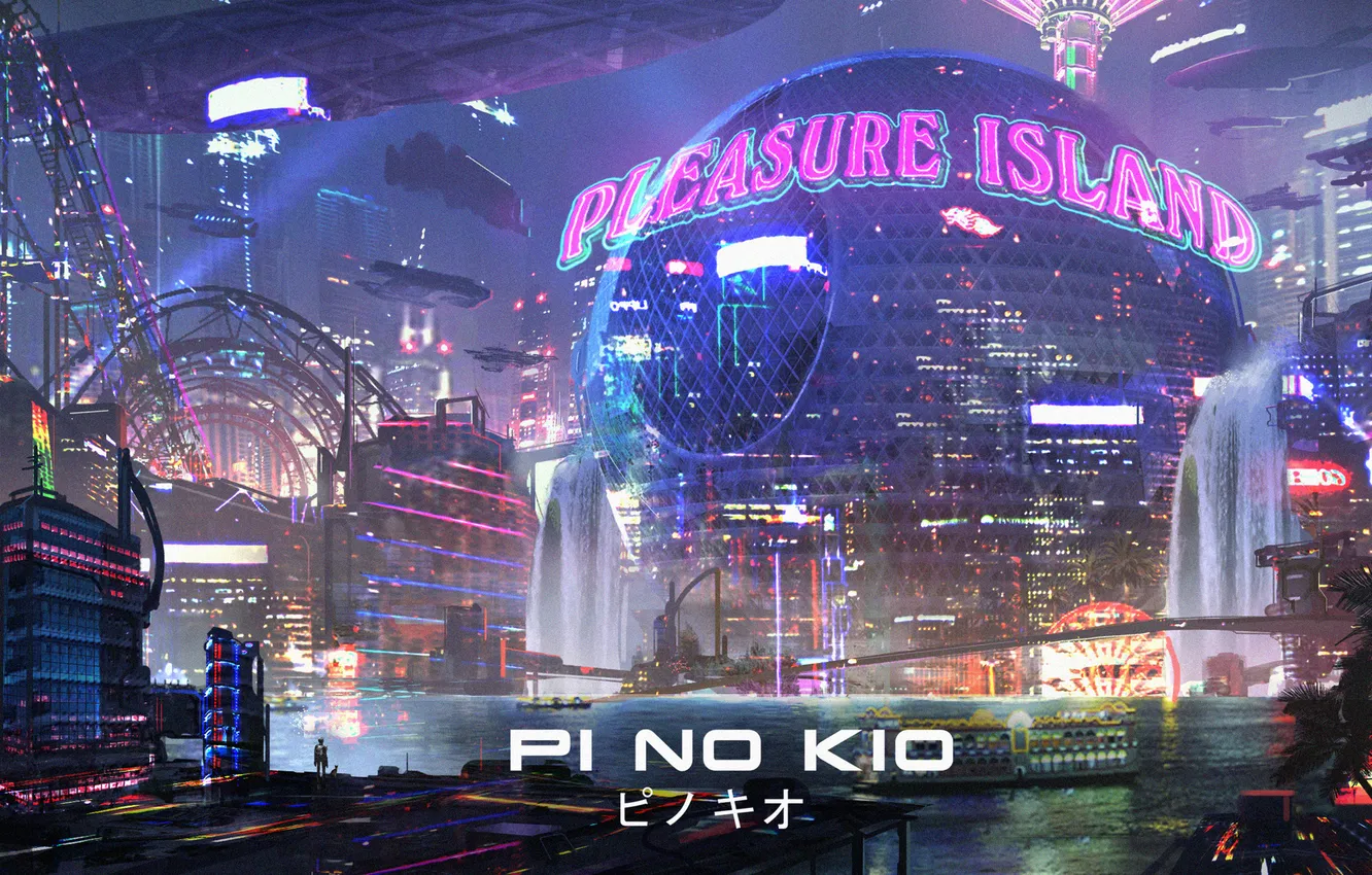 Фото обои ночь, город, река, фантастика, мегаполис, sci-fi, cyberpunk, pleasure island