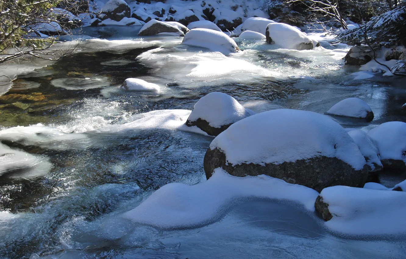 Фото обои снег, река, камни, лёд, мороз