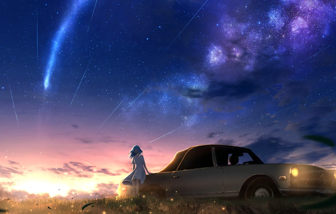 Фото обои авто, небо, девушка, закат