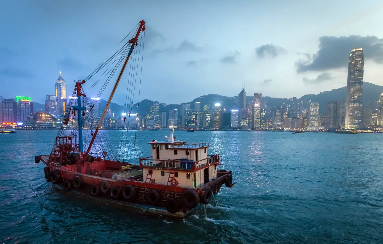 Фото обои город, корабль, Hong Kong Bay