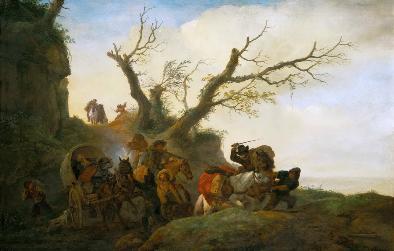 Фото обои пейзаж, люди, картина, повозка, жанр, Attack on a group of travellers, Philips Wouwerman