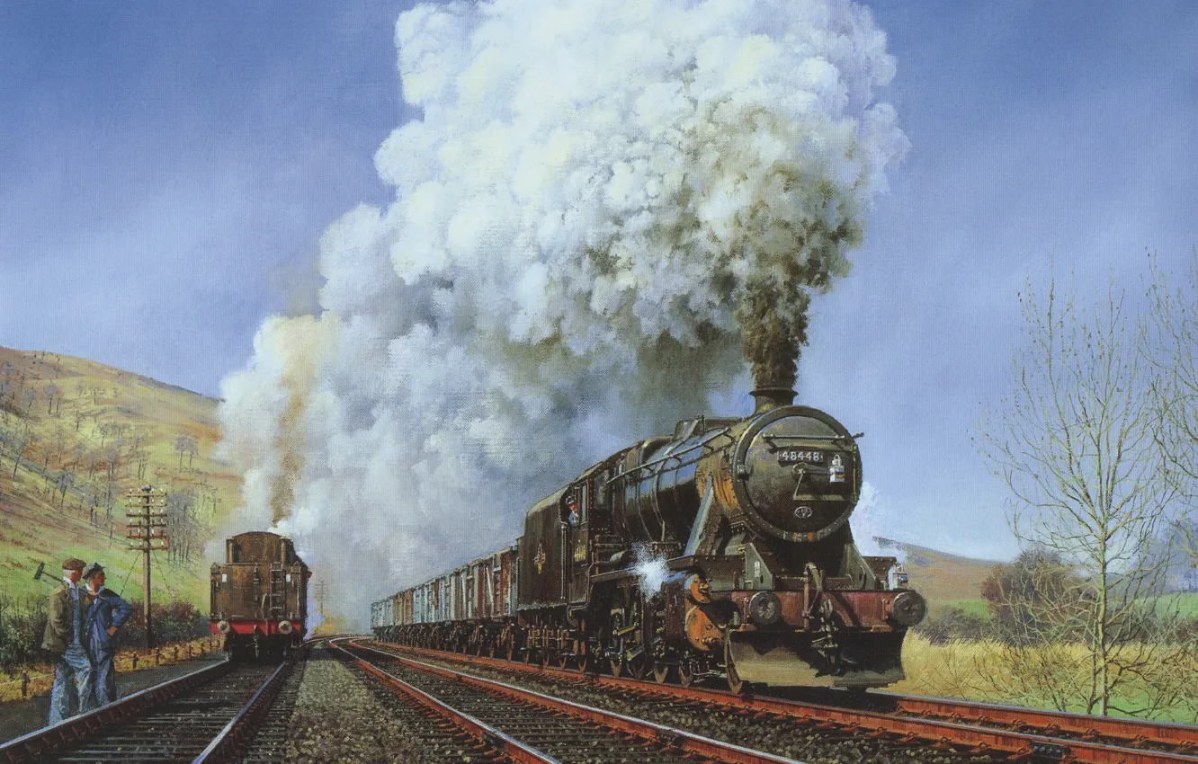 Фото обои природа, дым, рельсы, Поезд, мужчины
