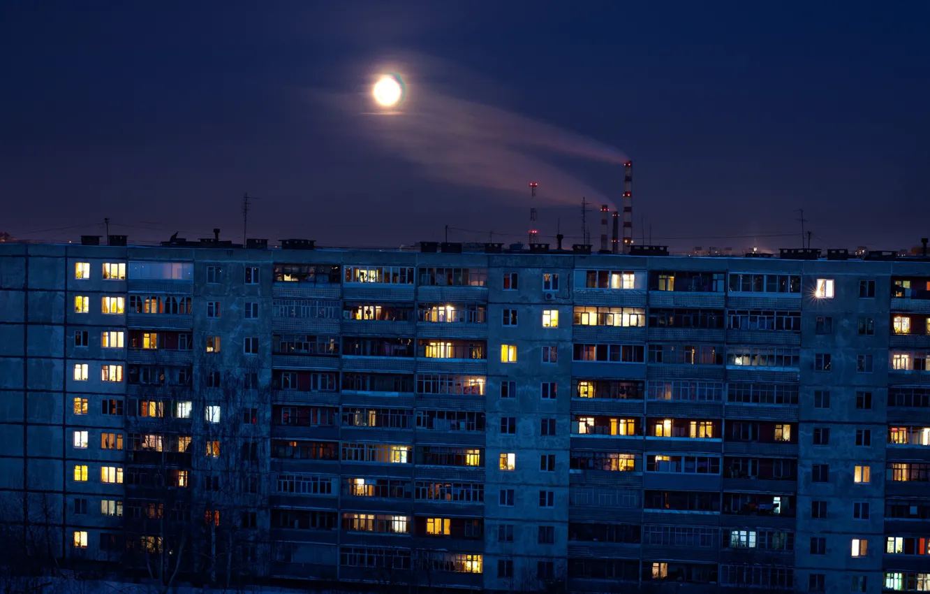 Фото обои ночь, дом, серость, обыденность, Россия, панельный, бытия, за МКАДом