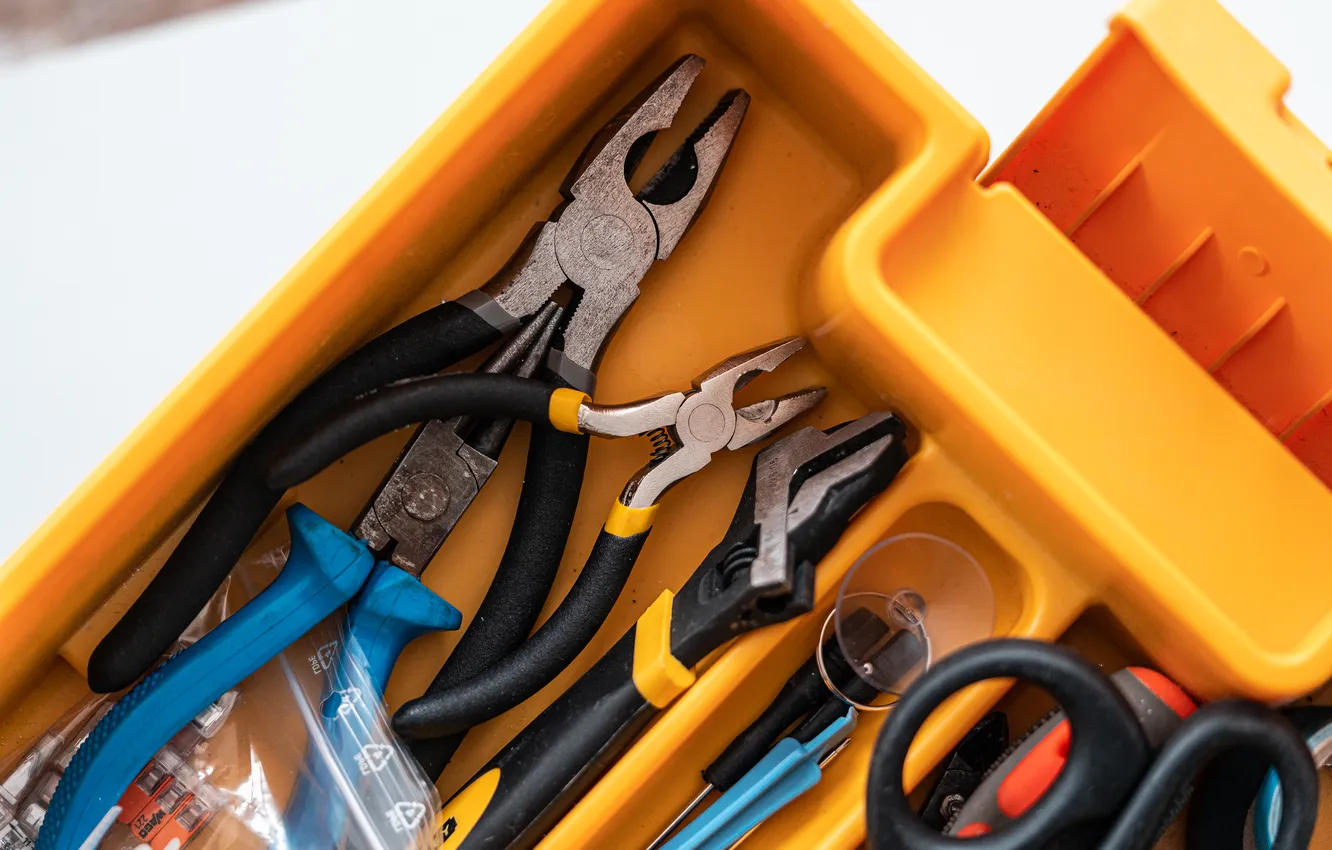 Фото обои tools, pliers, tool box