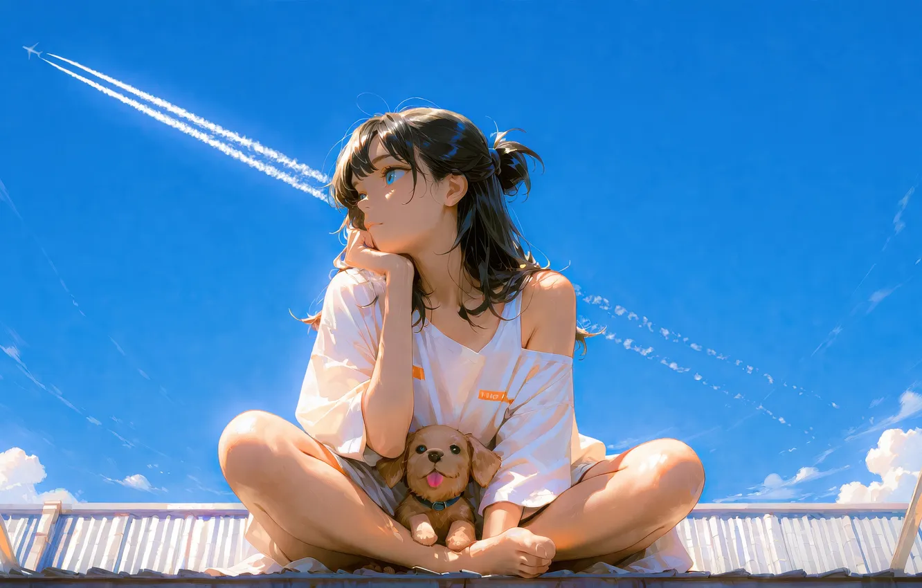 Фото обои girl, love, puppy, anime