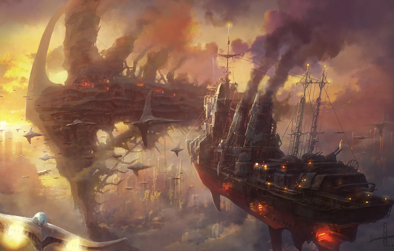 Фото обои облака, закат, город, дым, корабли, арт, стимпанк, армада