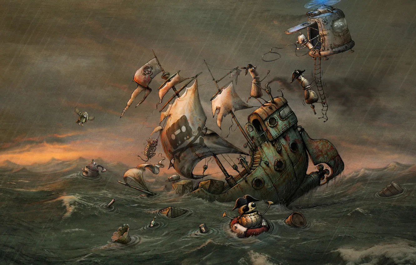 Фото обои корабль, роботы, пираты, Машинариум, бедствие, the pirate bay