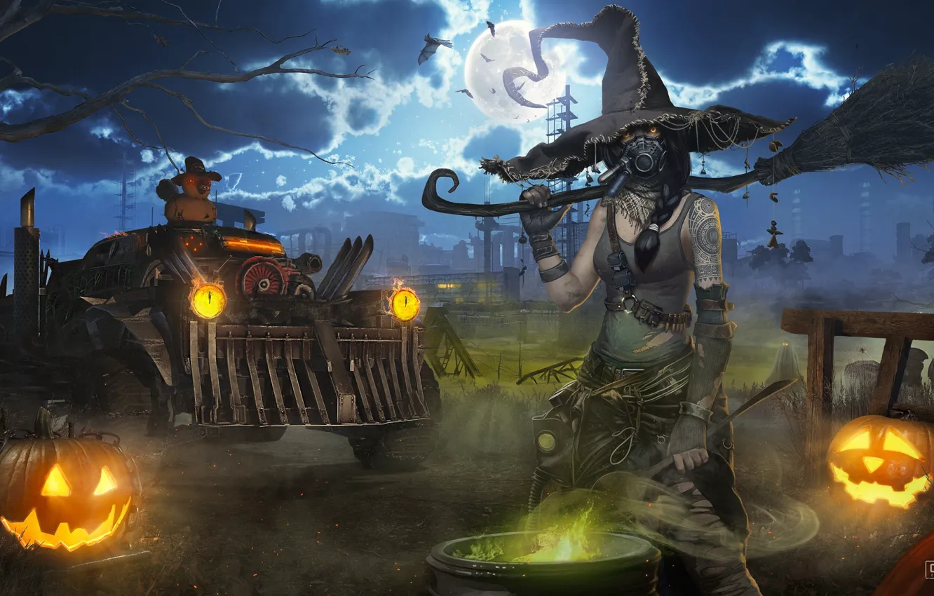 Фото обои ночь, тыква, ведьма, автомобиль, crossout helloween