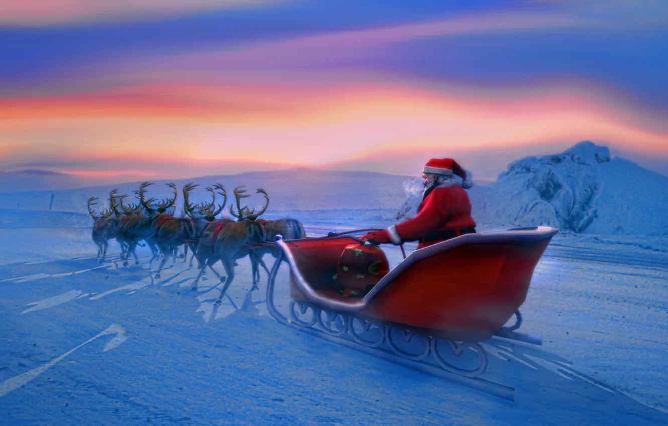 Фото обои зима, новый год, new year, санта клаус, олени, Дед мороз