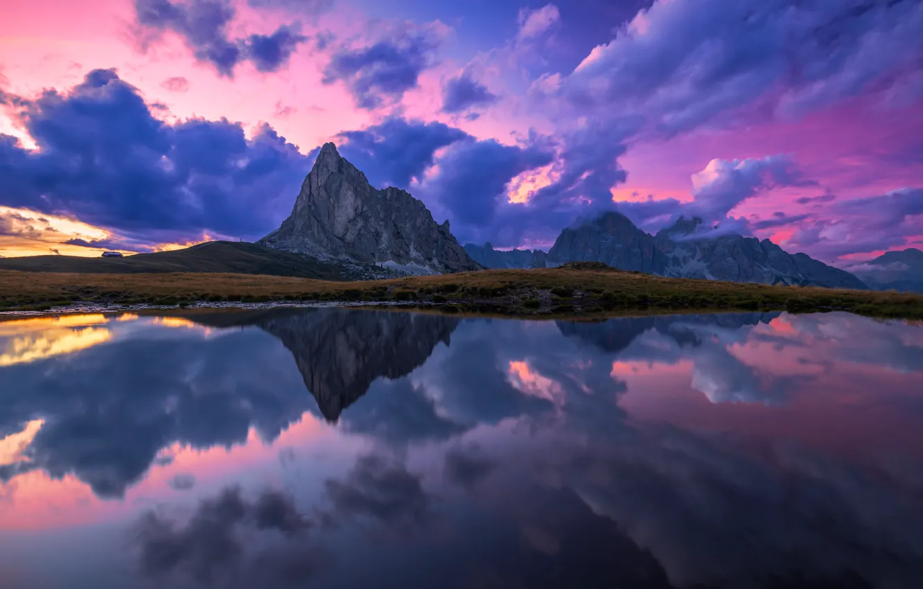 Фото обои облака, закат, горы, озеро, отражение, Италия, Italy, Доломитовые Альпы