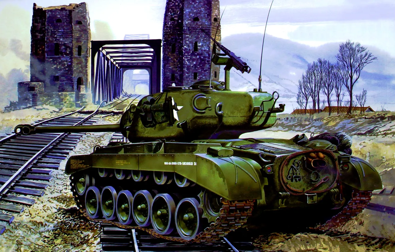 Фото обои war, art, painting, tank, ww2, M26 Pershing