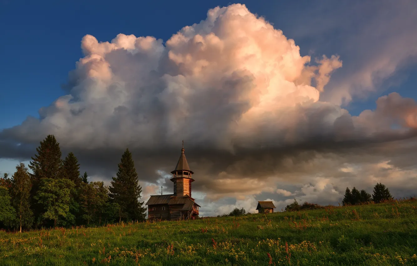 Фото обои трава, облака, деревья, пейзаж, тучи, природа, Кижи, церквушка