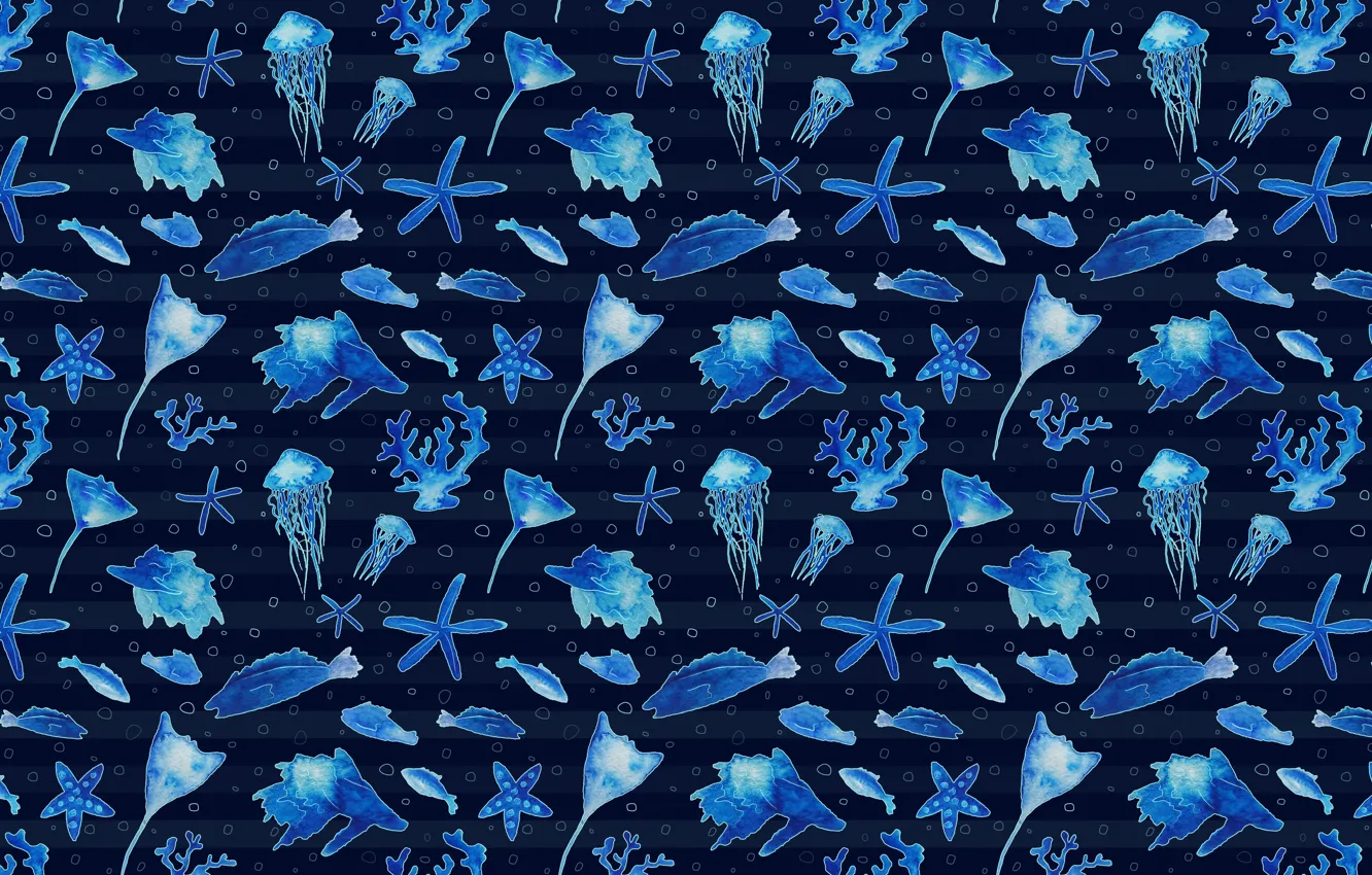 Фото обои море, рыбы, синий, океан, голубой, рисунок, медуза, акварель